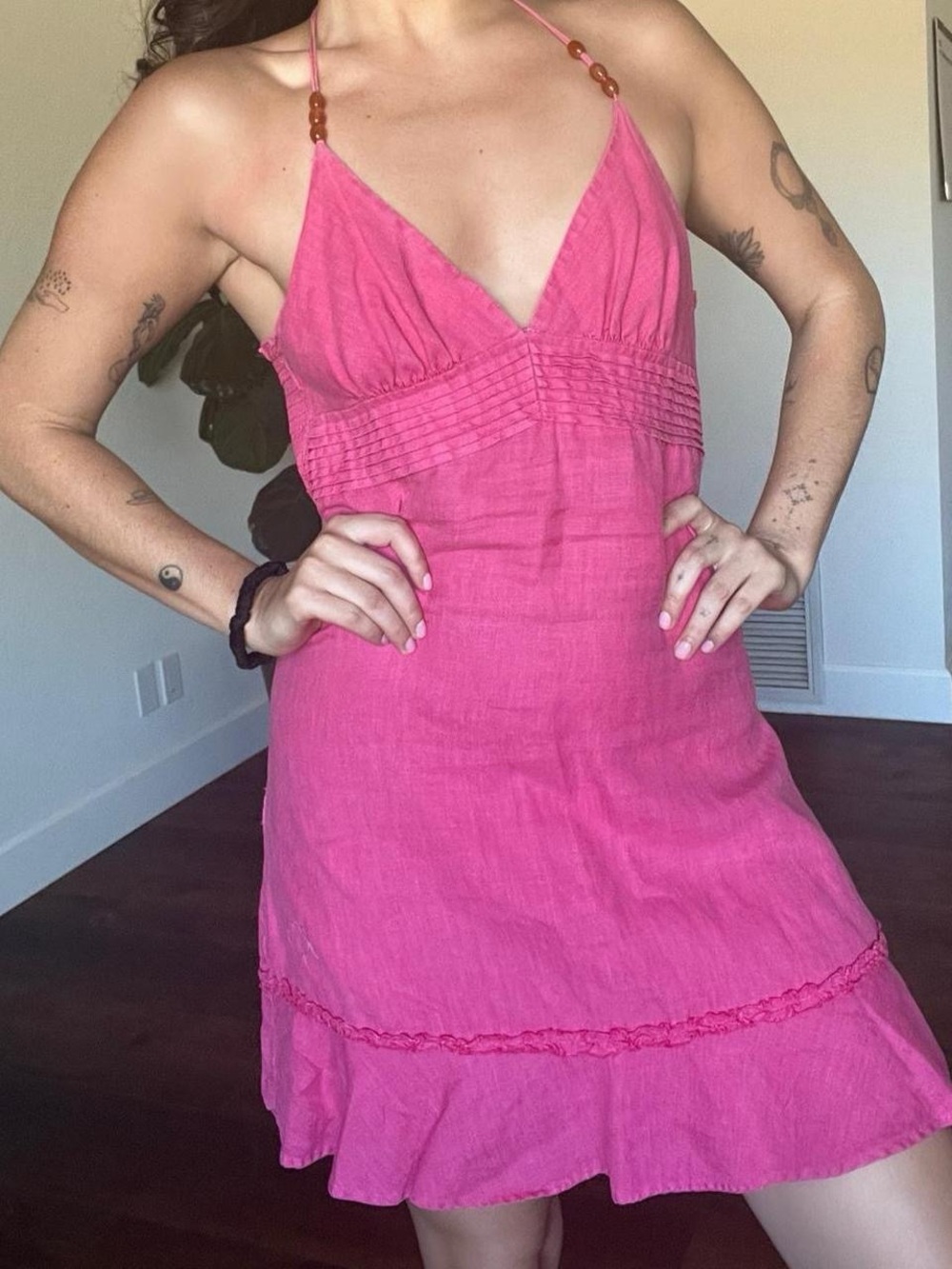 Guess Pink Halter Linen Dress